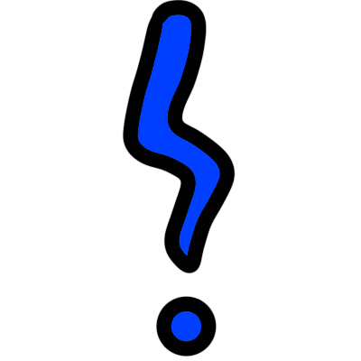 a bright blue SarcMark, a punctuation mark that looks like a wavy exclamation mark and is designed to denote sarcasm, with a black outline.